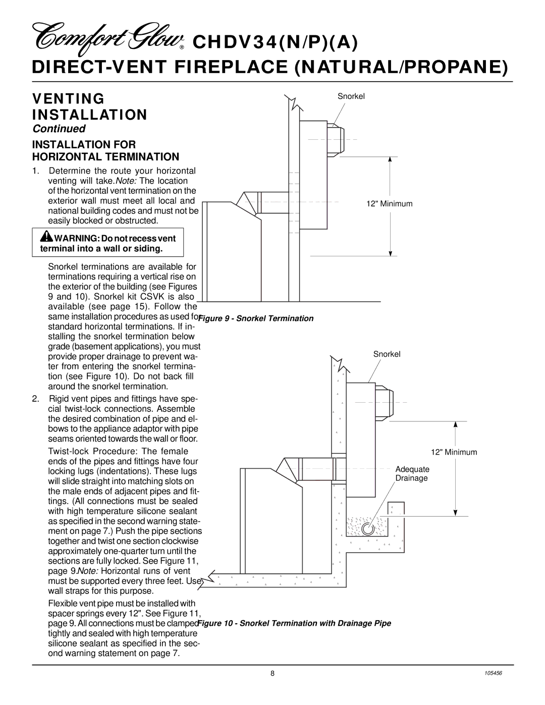 Desa CHDV34(N/P)(A) installation manual Installation for Horizontal Termination, Snorkel Termination 