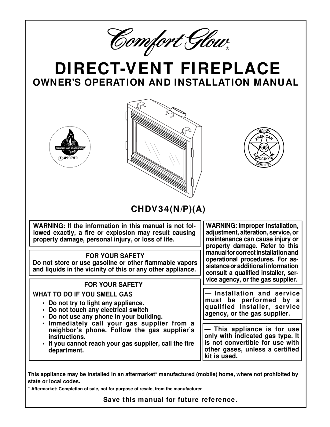 Desa CHDV34(N/P)(A) installation manual Owner’S Operation And Installation Manual, CHDV34N/PA, For Your Safety 