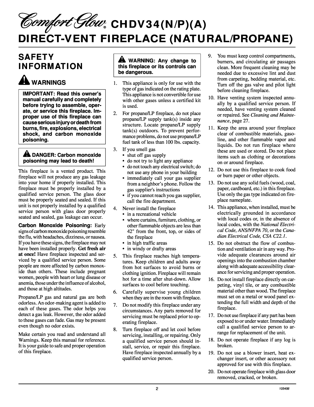 Desa CHDV34(N/P)(A) installation manual CHDV34N/PA DIRECT-VENTFIREPLACE NATURAL/PROPANE, Safety Information, Warnings 