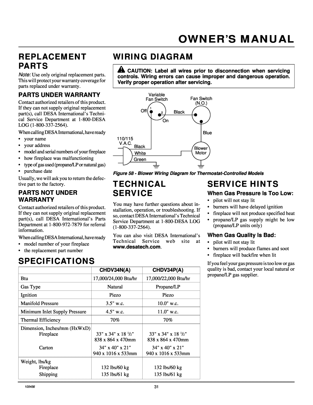 Desa CHDV34(N/P)(A) Replacement Parts, Wiring Diagram, Technical Service, Service Hints, Specifications, Owner’S Manual 