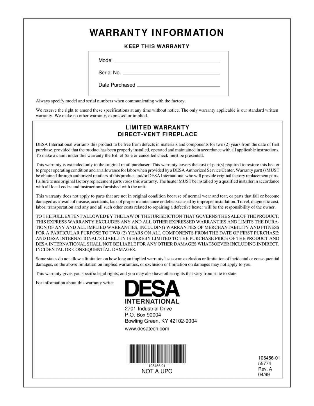 Desa CHDV34(N/P)(A) Warranty Information, Limited Warranty Direct-Ventfireplace, International, NOT A UPCRev. A 