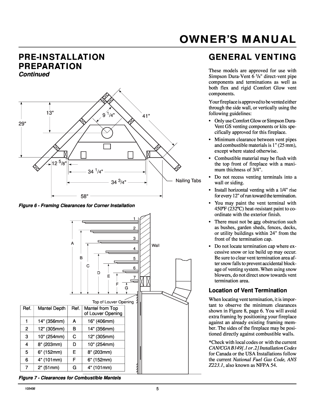 Desa CHDV34(N/P)(A) Pre-Installation Preparation, General Venting, Continued, Location of Vent Termination, Owner’S Manual 