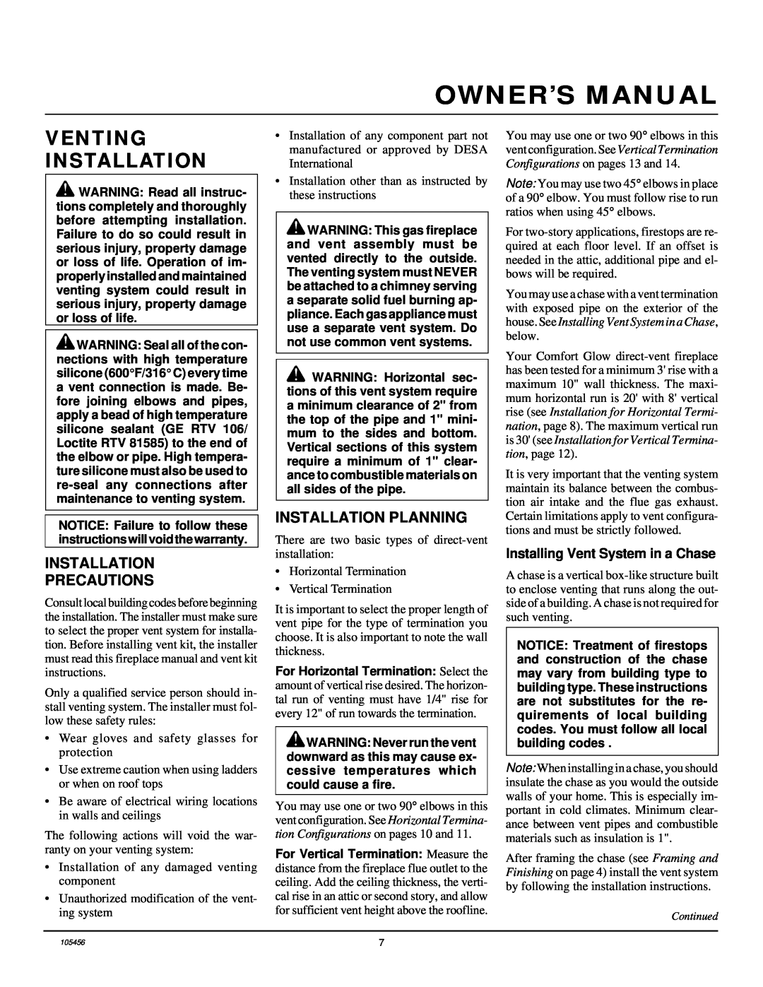 Desa CHDV34(N/P)(A) Venting Installation, Installation Precautions, Installation Planning, Owner’S Manual 