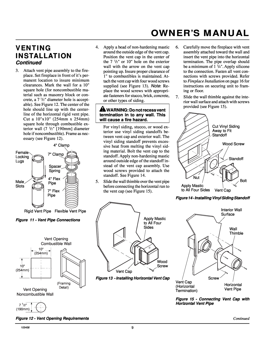 Desa CHDV34(N/P)(A) Owner’S Manual, Venting Installation, Continued, Vent Pipe Connections, Installing Horizontal Vent Cap 