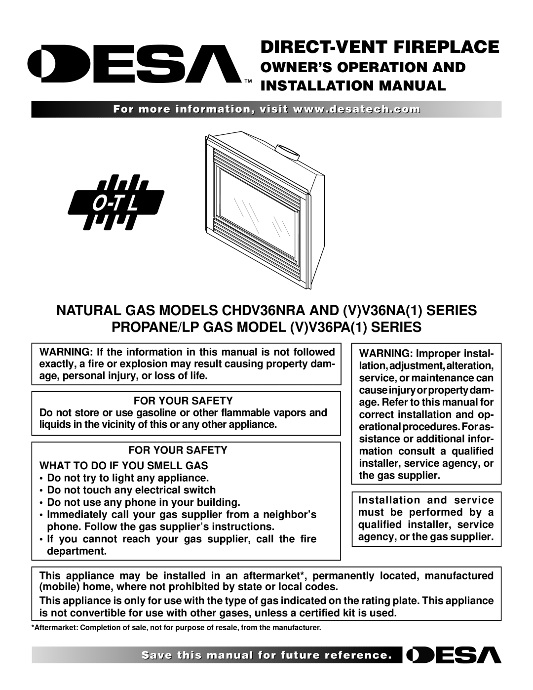 Desa CHDV36NRA installation manual OWNER’S Operation Installation Manual, For Your Safety 