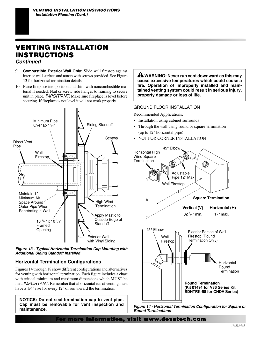 Desa CHDV36NRA installation manual Horizontal Termination Configurations, Ground Floor Installation 