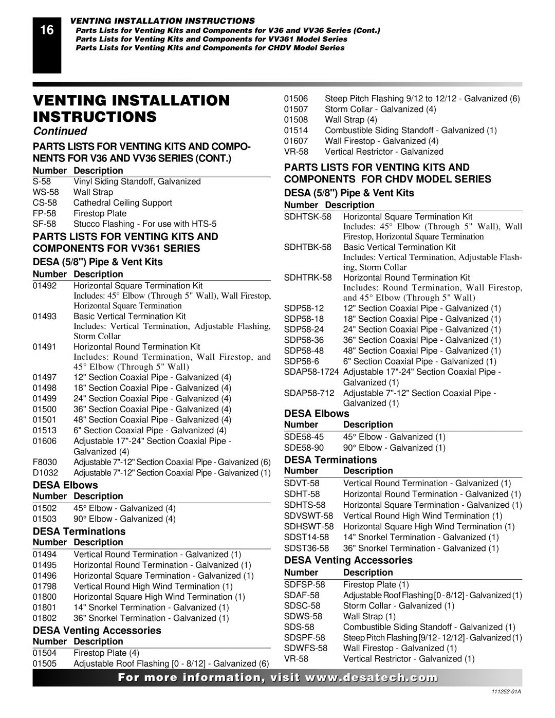 Desa CHDV36NRA installation manual Desa Elbows, Desa Terminations, Desa Venting Accessories 