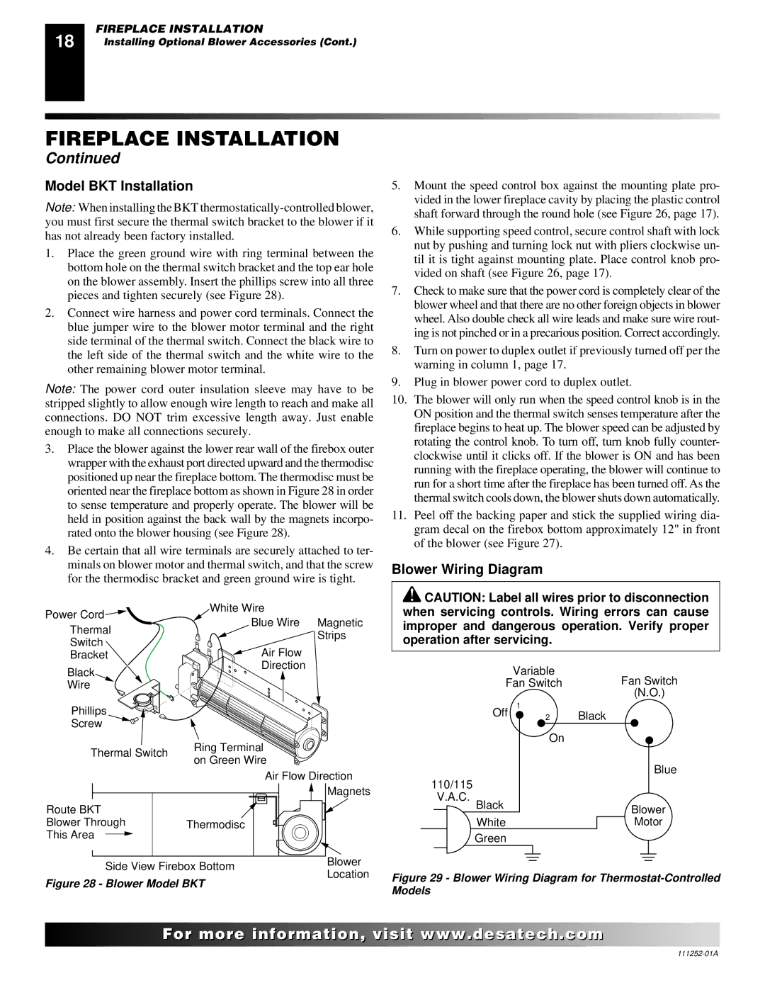 Desa CHDV36NRA installation manual Model BKT Installation, Blower Wiring Diagram 