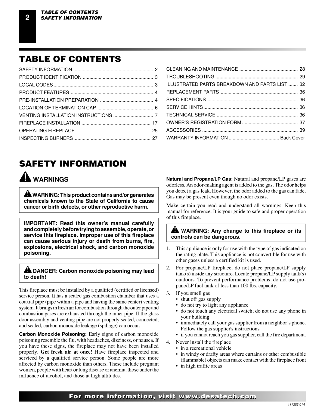 Desa CHDV36NRA installation manual Table of Contents, Safety Information 