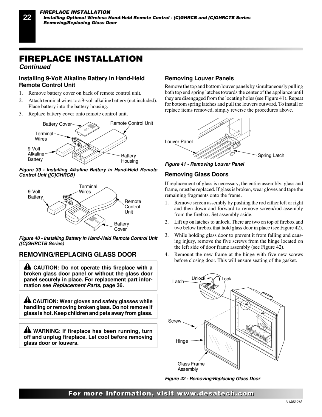 Desa CHDV36NRA installation manual REMOVING/REPLACING Glass Door, Removing Louver Panels, Removing Glass Doors 