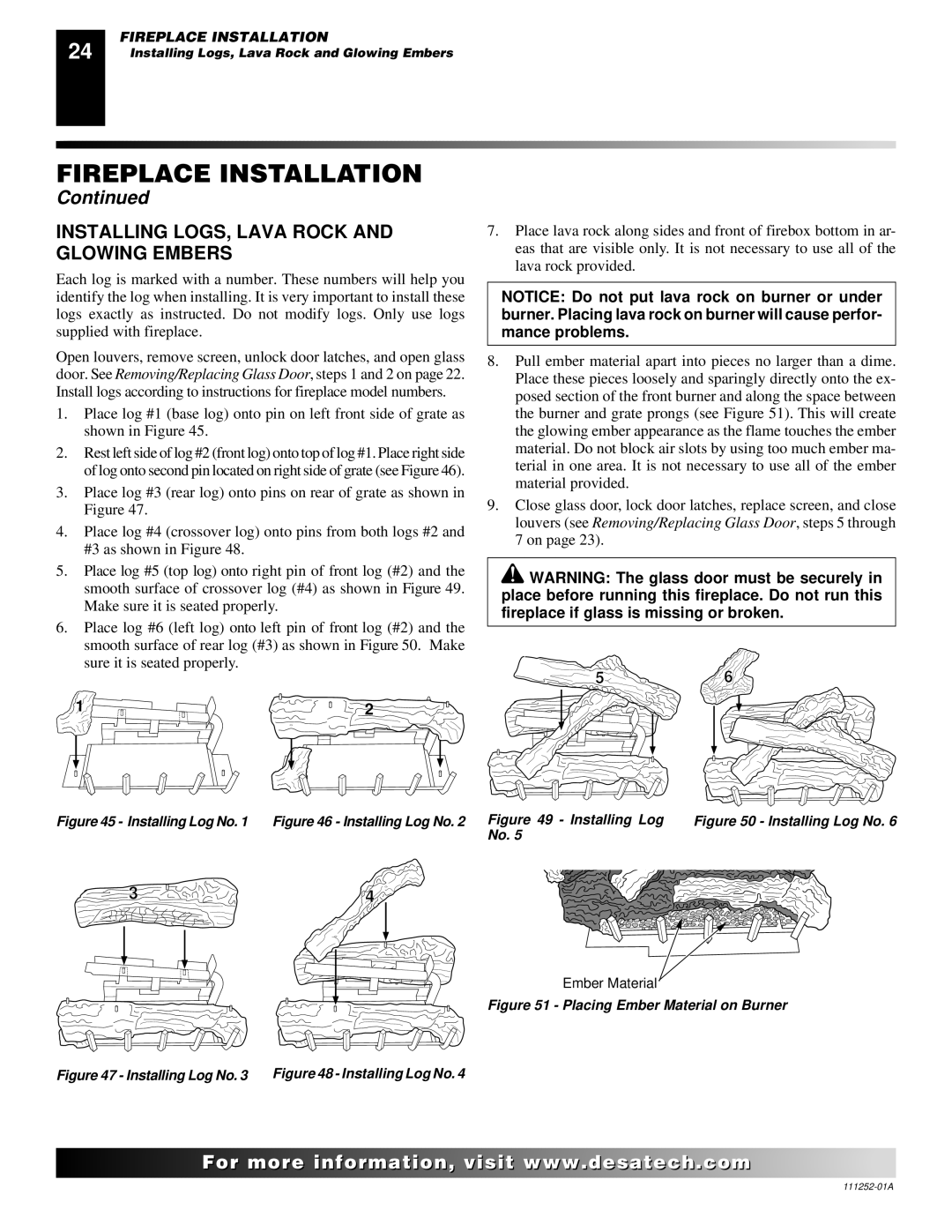 Desa CHDV36NRA installation manual Installing LOGS, Lava Rock and Glowing Embers, Installing Log No Installing Log No 