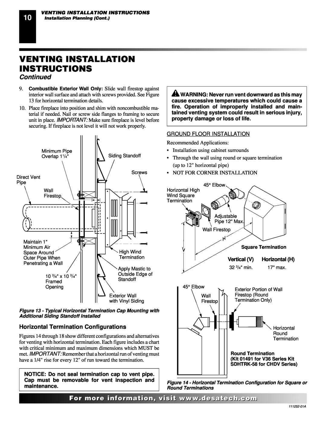 Desa CHDV36NRA installation manual Horizontal Termination Configurations, Venting Installation Instructions, Continued 