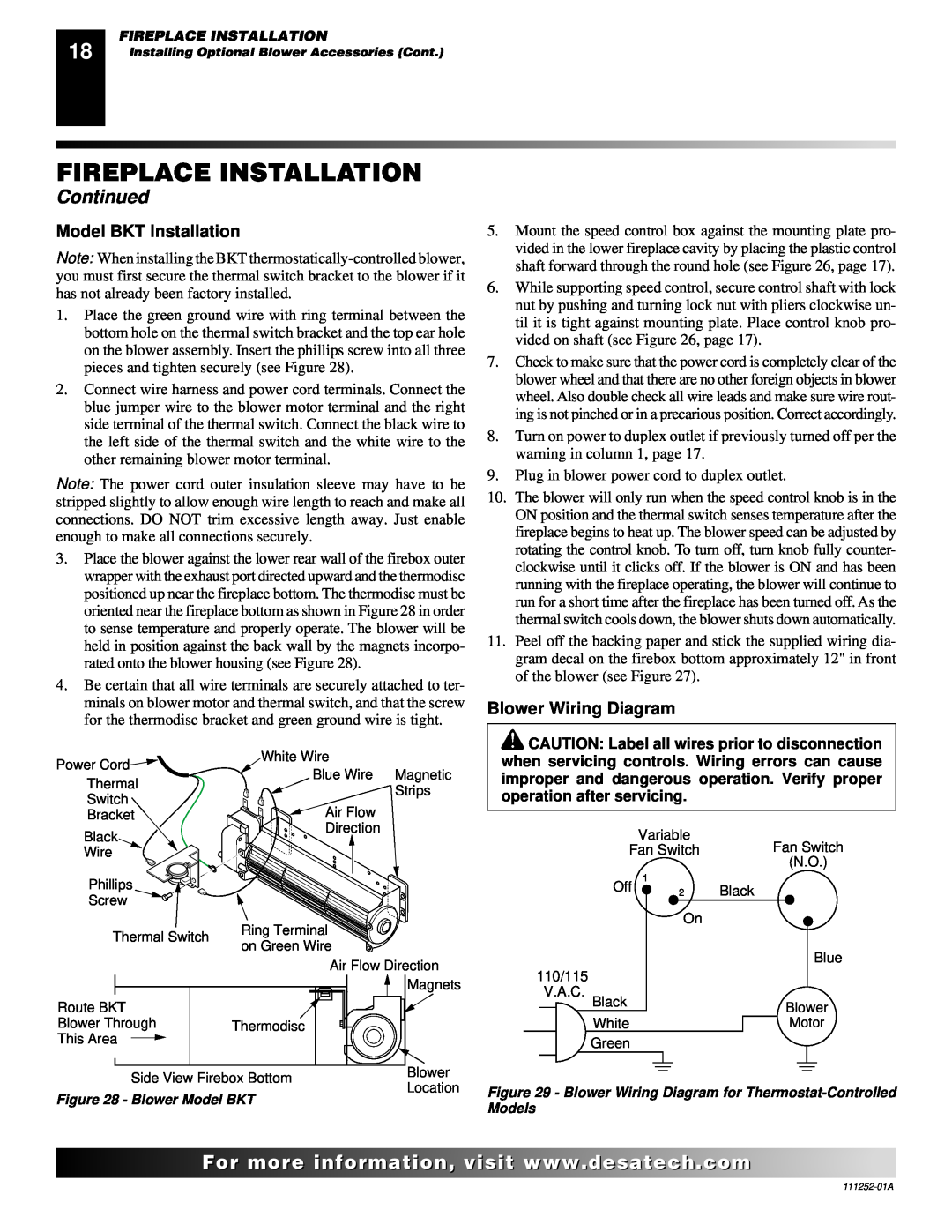 Desa CHDV36NRA installation manual Model BKT Installation, Blower Wiring Diagram, Fireplace Installation, Continued 
