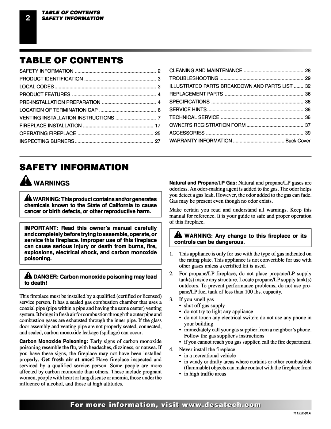 Desa CHDV36NRA installation manual Table Of Contents, Safety Information, Warnings 