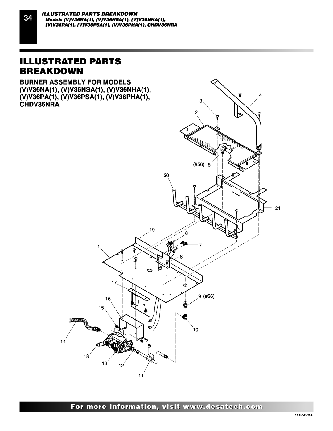 Desa CHDV36NRA installation manual Illustrated Parts Breakdown, 20 19 1 17 16 15, 4 3 2 #56 21 6 7 8 9#56, 111252-01A 