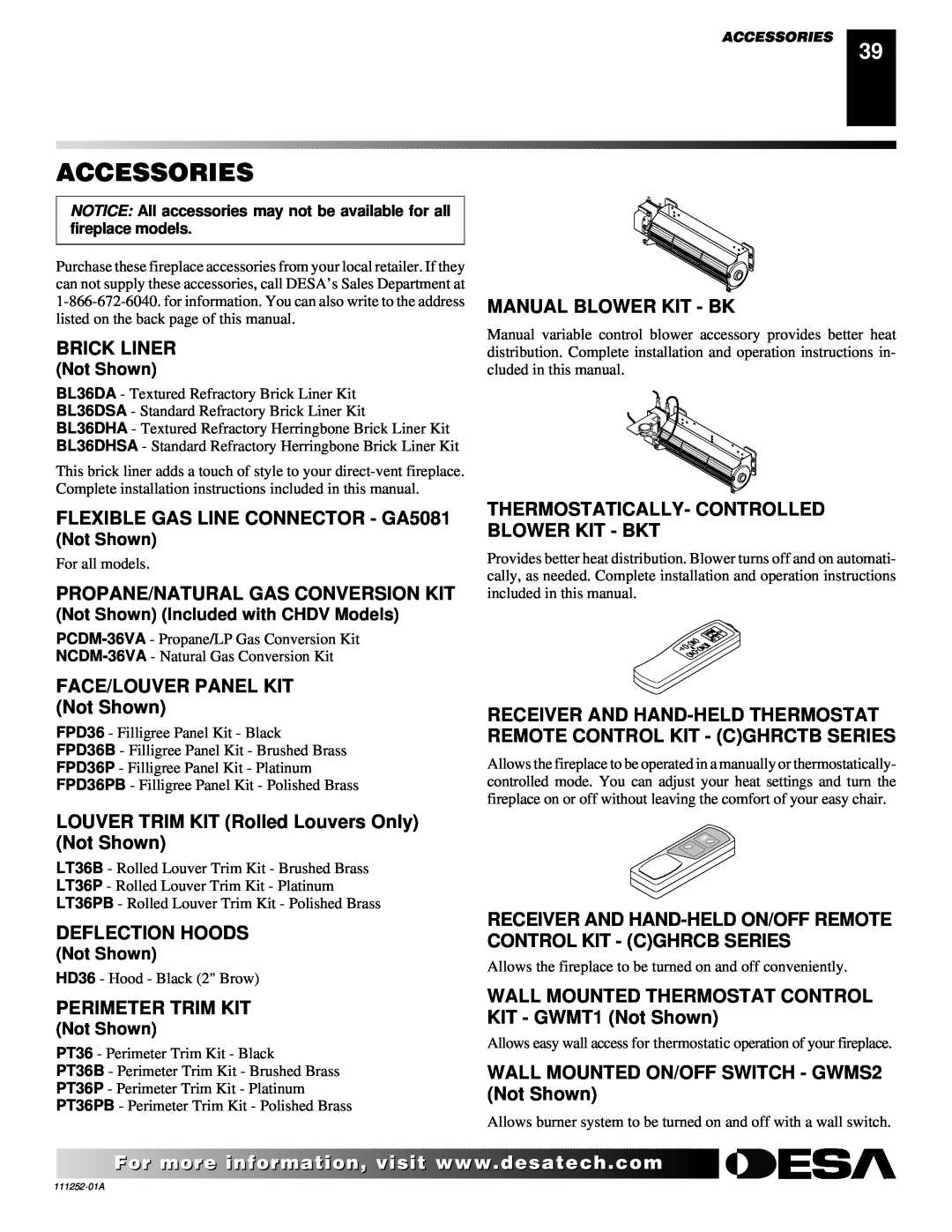 Desa CHDV36NRA Accessories, Brick Liner, FLEXIBLE GAS LINE CONNECTOR - GA5081, Propane/Natural Gas Conversion Kit 