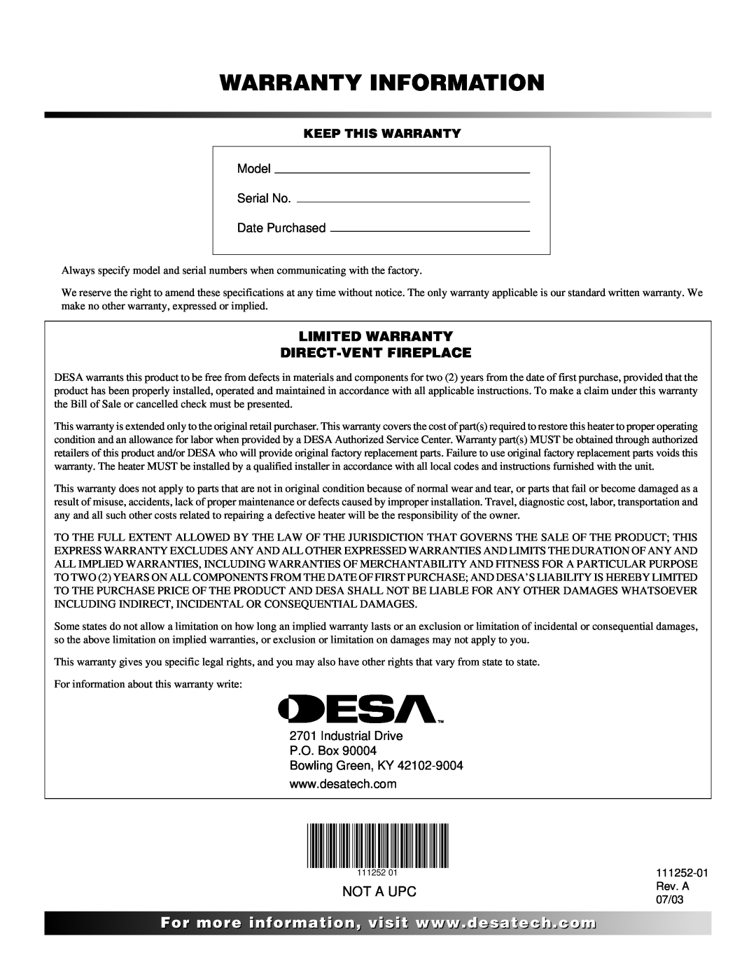 Desa CHDV36NRA installation manual Limited Warranty Direct-Ventfireplace, Not A Upc, Warranty Information 