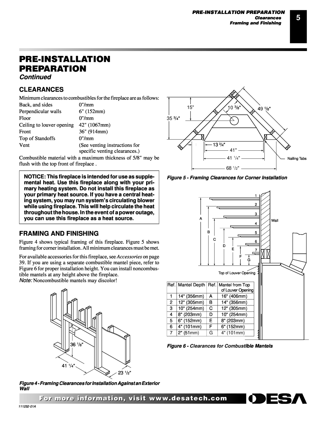 Desa CHDV36NRA installation manual Clearances, Framing And Finishing, Pre-Installation Preparation, Continued 