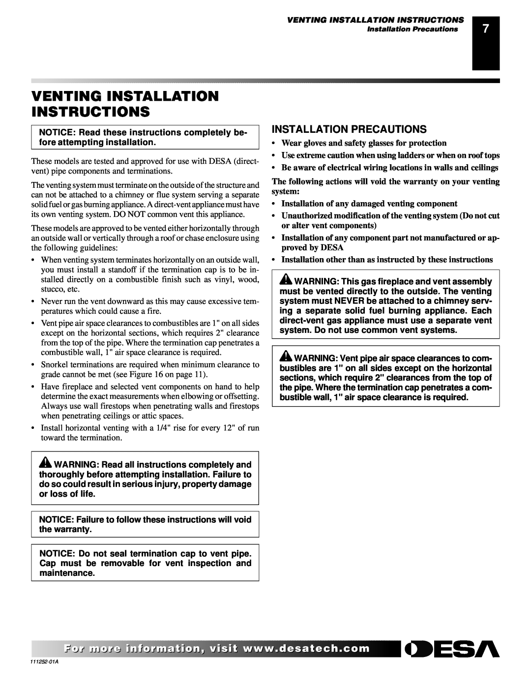 Desa CHDV36NRA installation manual Venting Installation Instructions, Installation Precautions 