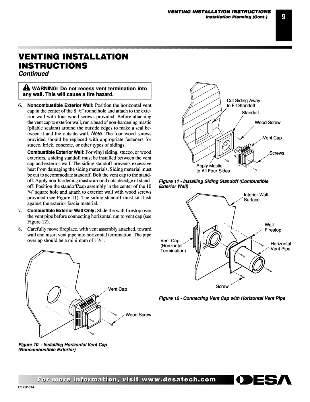 Desa CHDV36NRA Venting Installation Instructions, Continued, Installing Horizontal Vent Cap, Noncombustible Exterior 