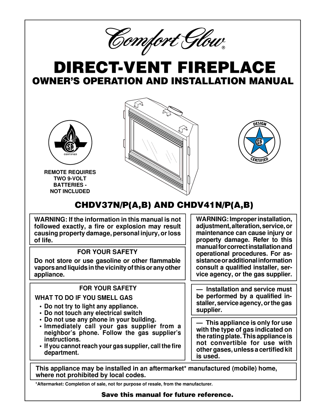 Desa installation manual CHDV37N/PA,B and CHDV41N/PA,B, For Your Safety What to do if YOU Smell GAS 