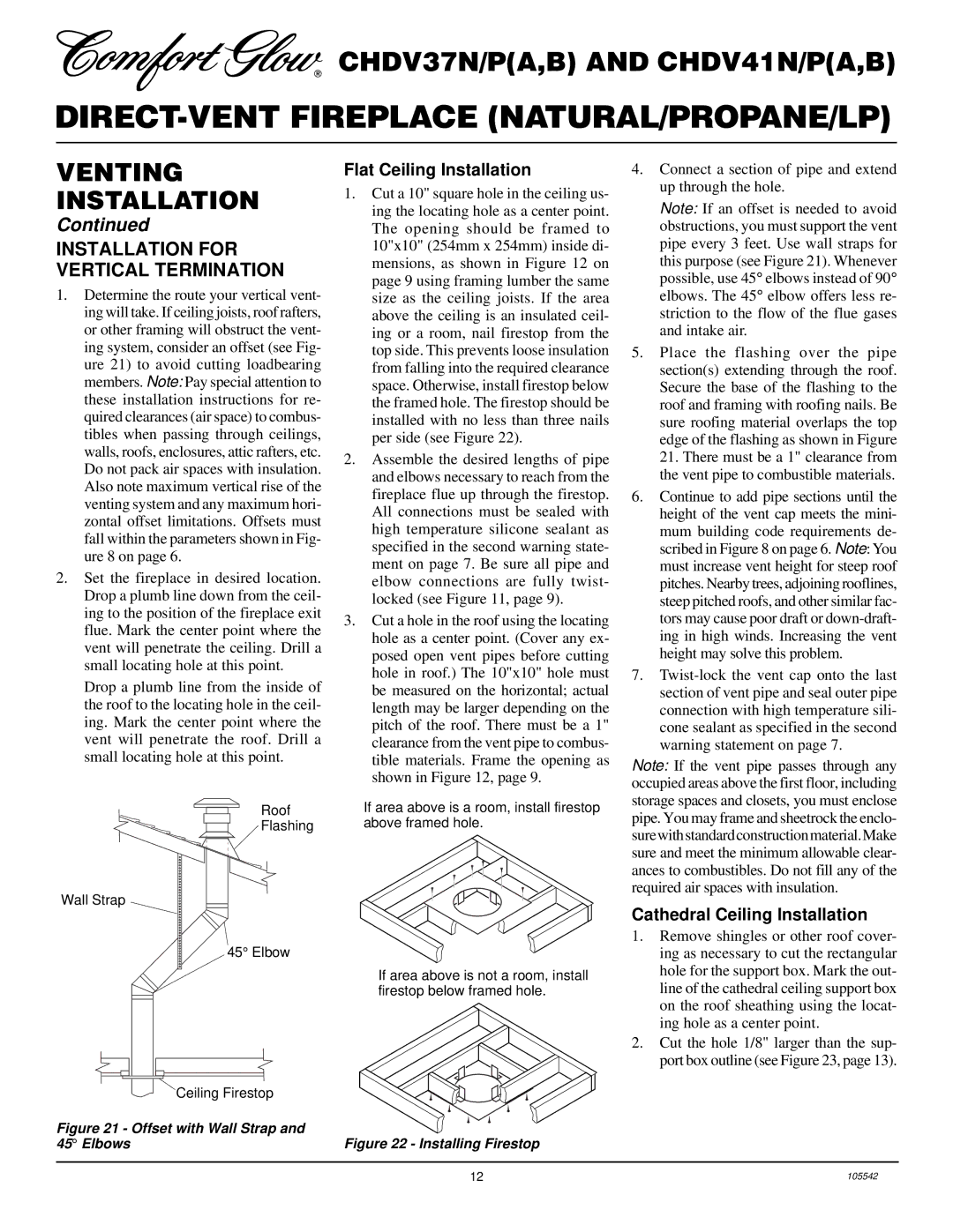 Desa CHDV37N/P, CHDV41N/P Installation for Vertical Termination, Flat Ceiling Installation, Cathedral Ceiling Installation 