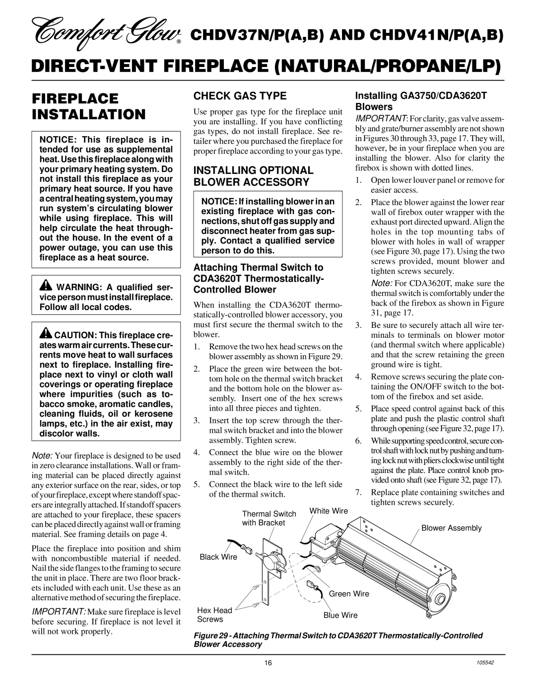 Desa CHDV37N/P, CHDV41N/P installation manual Fireplace Installation, Check GAS Type, Installing Optional Blower Accessory 