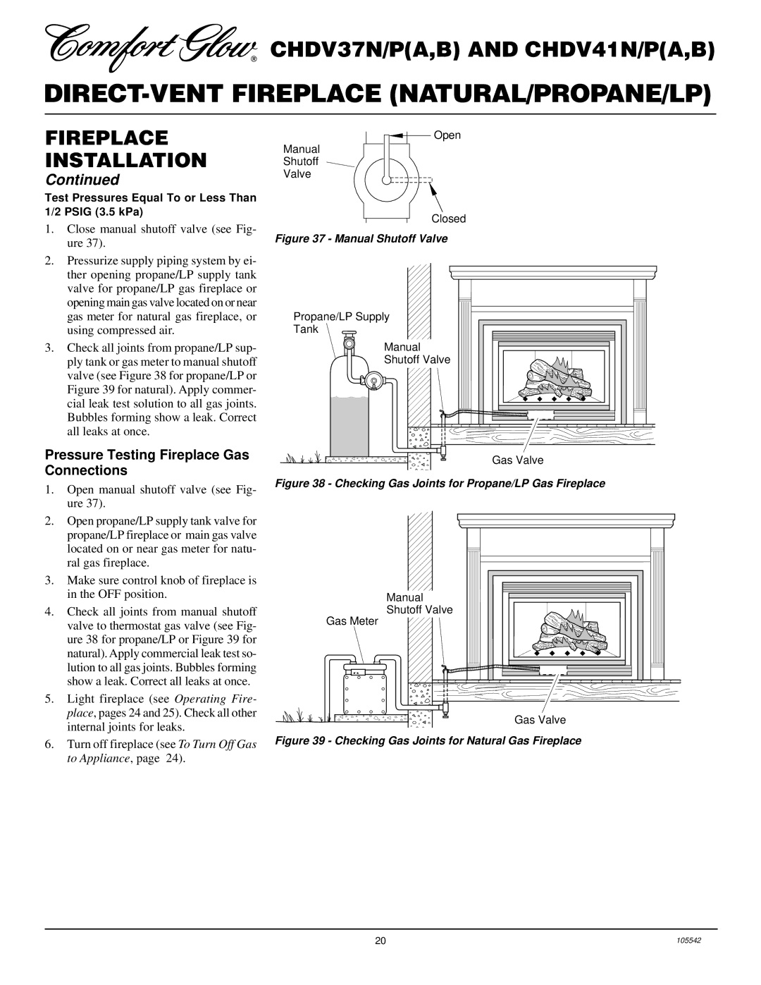 Desa CHDV37N/P, CHDV41N/P Pressure Testing Fireplace Gas Connections, Close manual shutoff valve see Fig- ure 