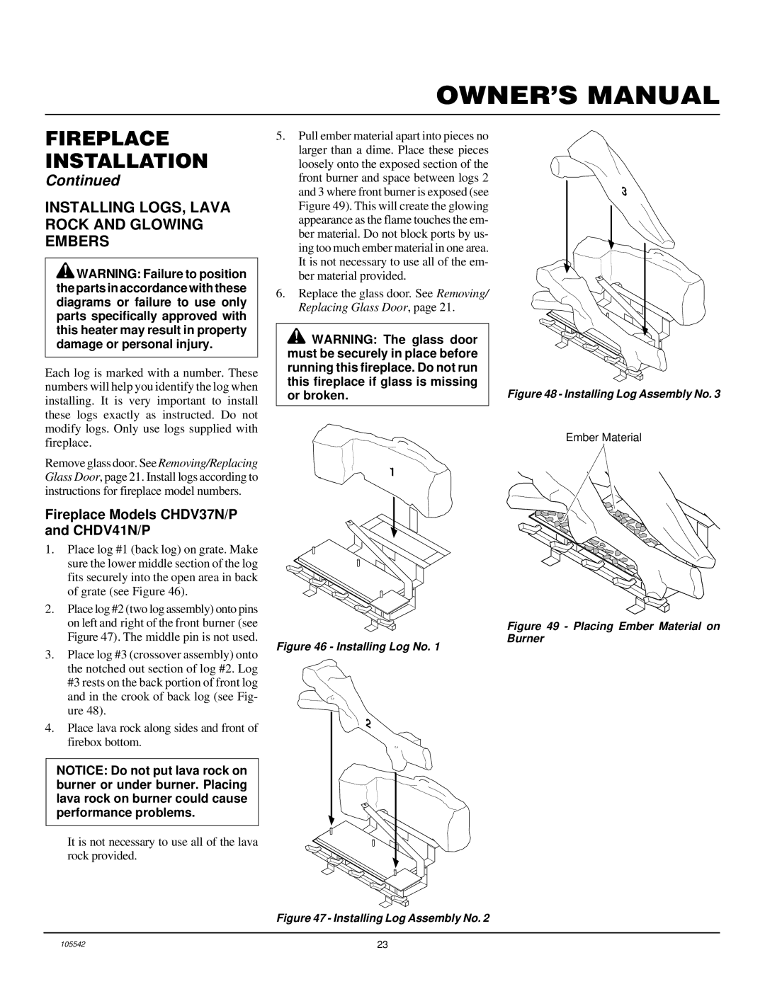 Desa installation manual Installing LOGS, Lava Rock and Glowing Embers, Fireplace Models CHDV37N/P and CHDV41N/P 