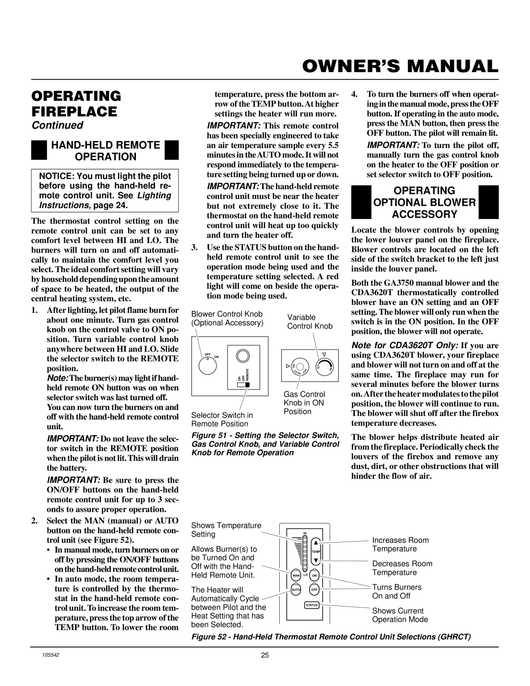 Desa CHDV41N/P, CHDV37N/P installation manual HAND-HELD Remote Operation, Operating Optional Blower Accessory 