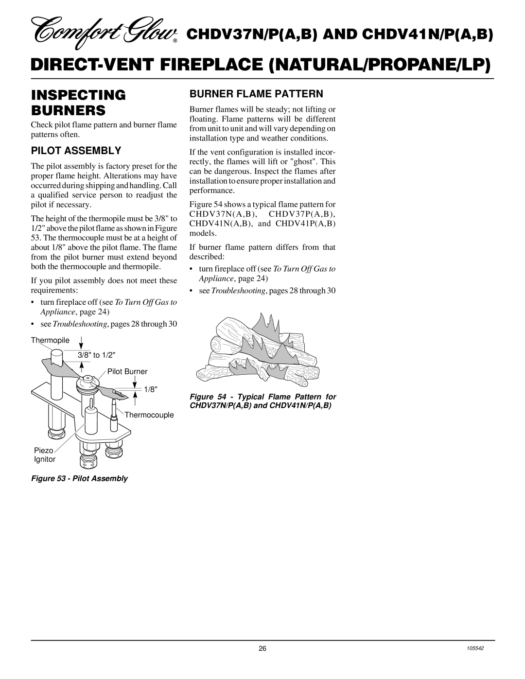 Desa CHDV37N/P, CHDV41N/P installation manual Inspecting Burners, Pilot Assembly, Burner Flame Pattern 