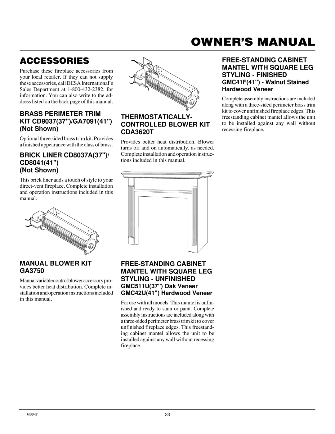 Desa CHDV41N/P, CHDV37N/P Accessories, Manual Blower KIT GA3750, THERMOSTATICALLY- Controlled Blower KIT CDA3620T 