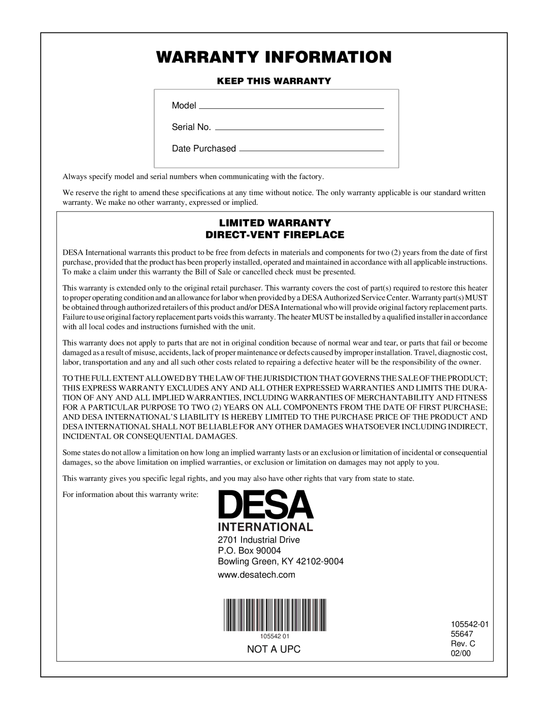 Desa CHDV37N/P, CHDV41N/P installation manual Warranty Information 