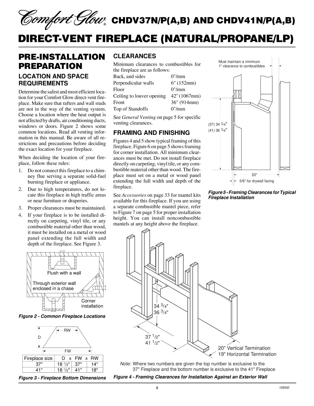 Desa CHDV37N/P, CHDV41N/P PRE-INSTALLATION Preparation, Location and Space Requirements, Clearances, Framing and Finishing 