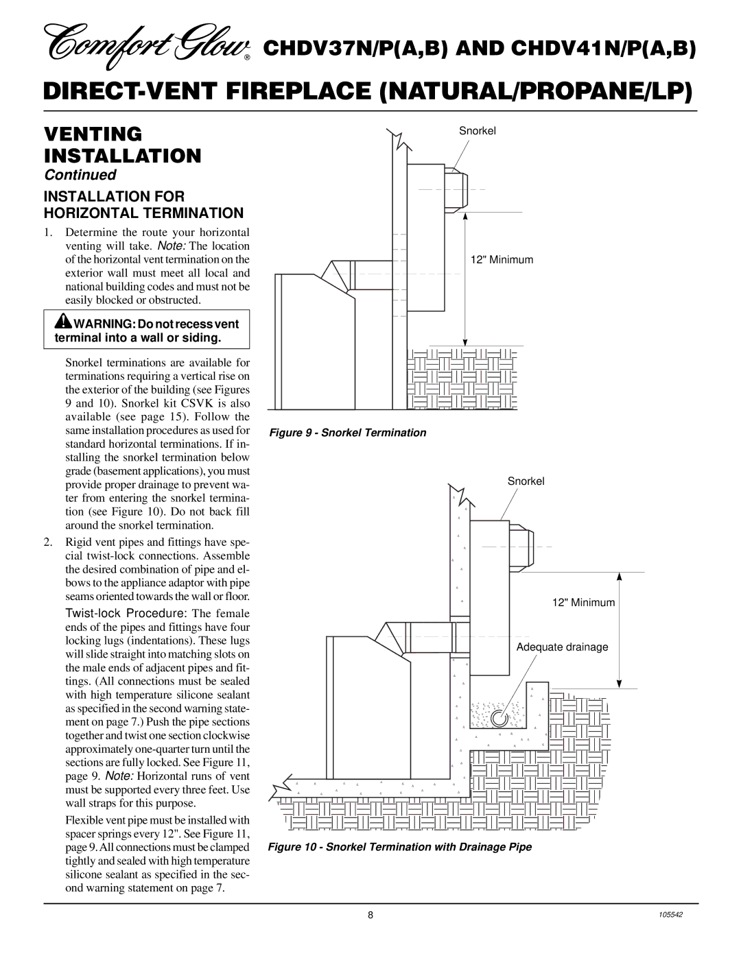 Desa CHDV37N/P, CHDV41N/P installation manual Installation for Horizontal Termination, Snorkel Termination 