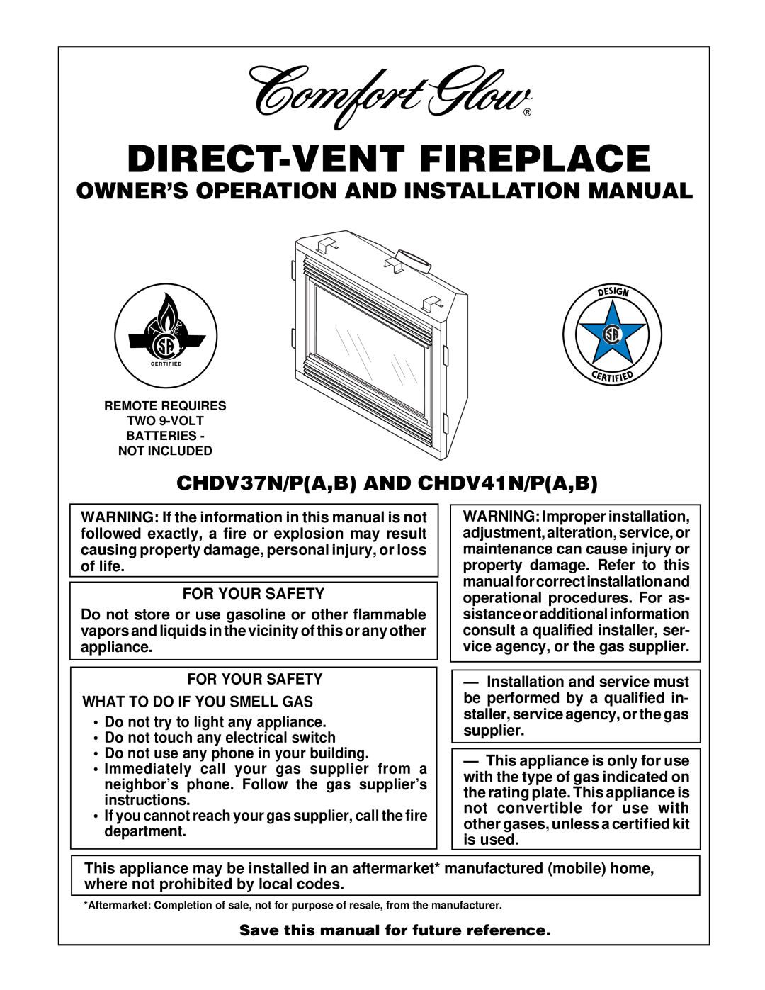 Desa installation manual Owner’S Operation And Installation Manual, CHDV37N/PA,B AND CHDV41N/PA,B, For Your Safety 