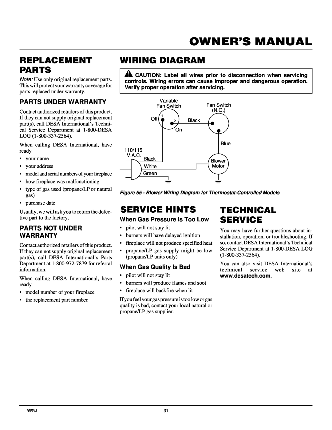 Desa CHDV41N/P Replacement Parts, Wiring Diagram, Service Hints, Technical Service, Parts Under Warranty, Owner’S Manual 