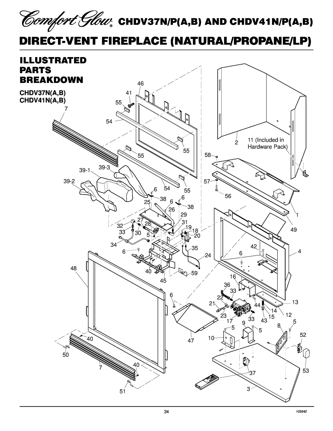 Desa CHDV37N/P Illustrated Parts Breakdown, CHDV37NA,B CHDV41NA,B, 39-1 39-2, 39-3, Included in Hardware Pack, 105542 