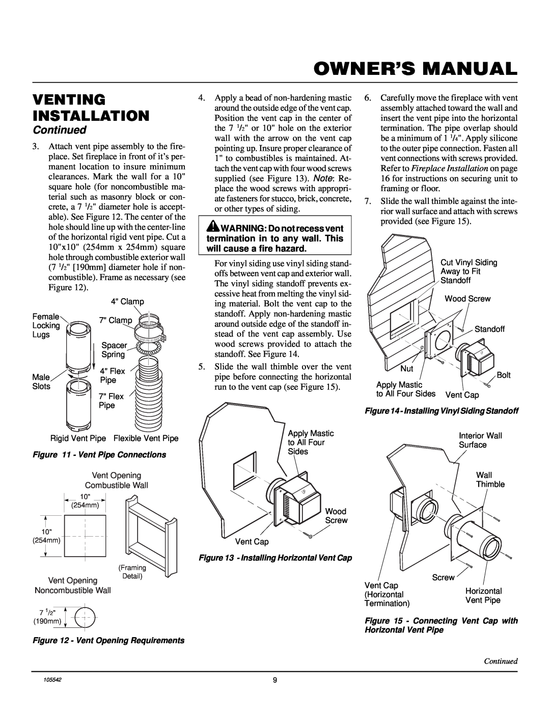 Desa CHDV41N/P Owner’S Manual, Venting Installation, Continued, Vent Pipe Connections, Installing Horizontal Vent Cap 