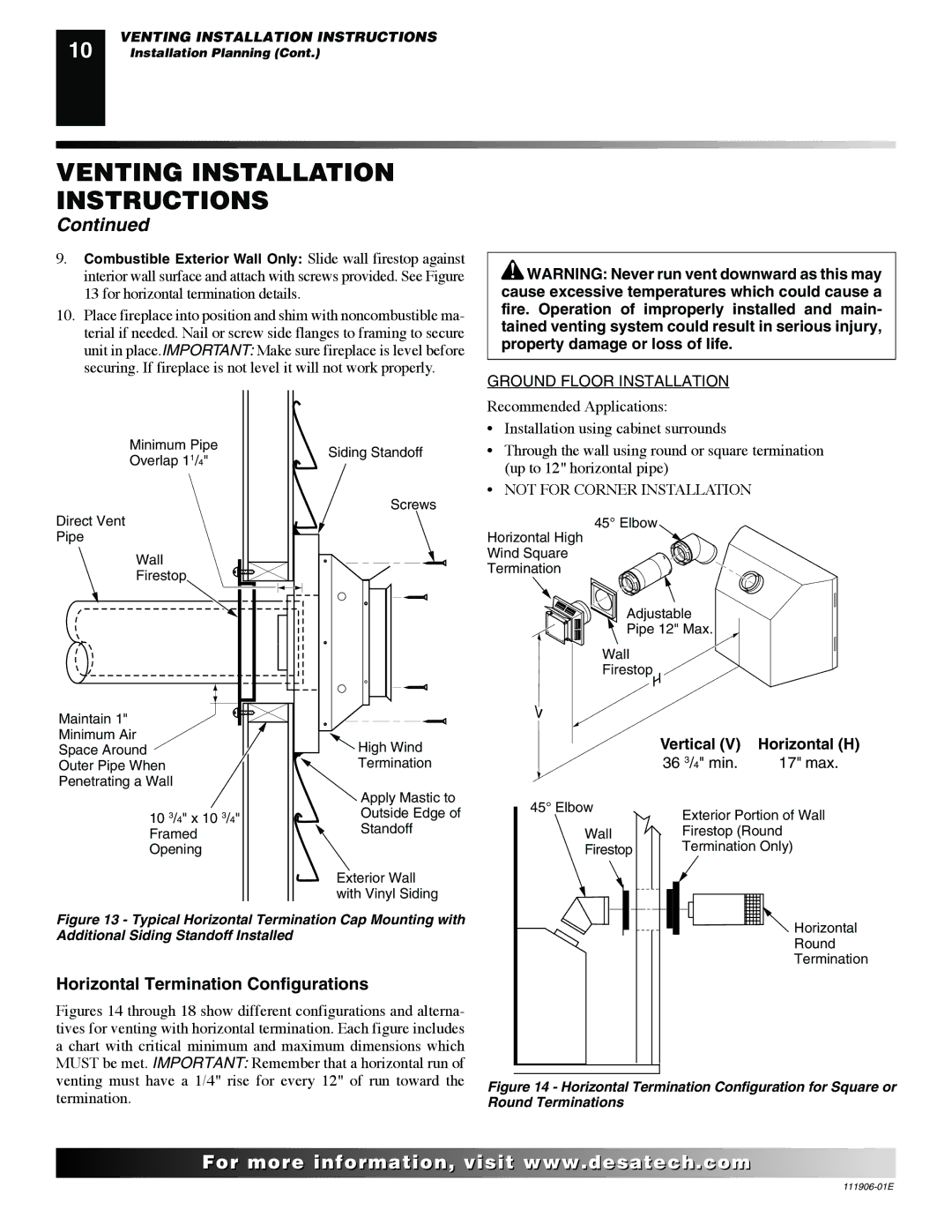 Desa CHDV42NR-B, V42P-A, V42N-A, VV42NB(1), VV42PB(1) installation manual Horizontal Termination Configurations, Horizontal H 