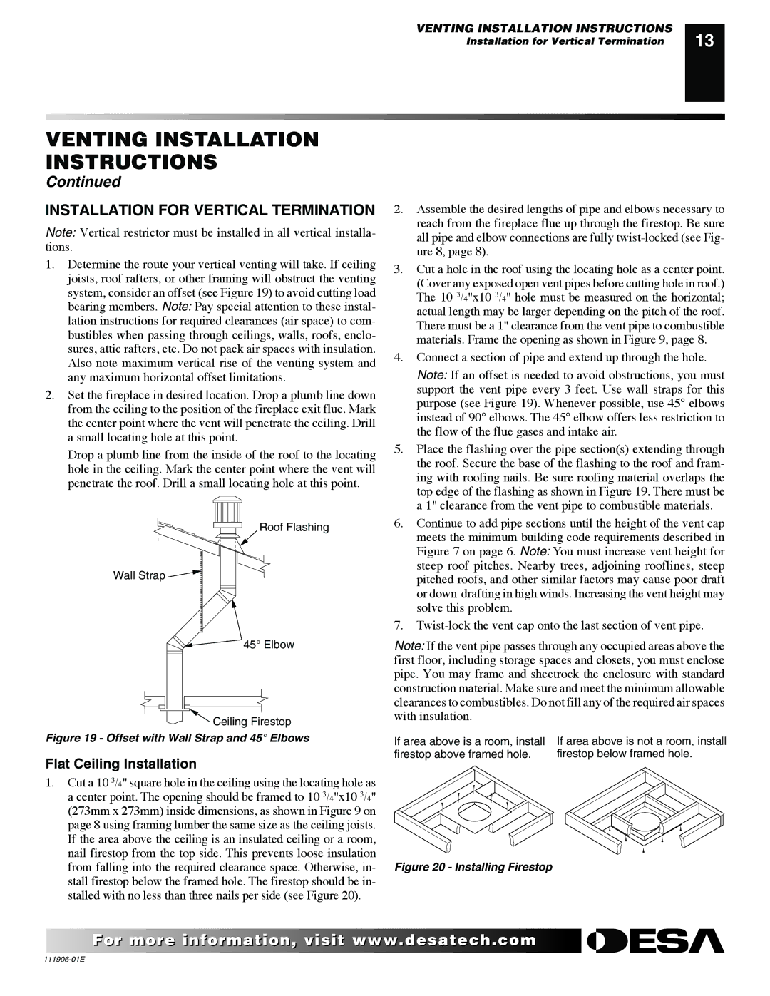 Desa VV42NB(1), CHDV42NR-B, V42P-A, V42N-A, VV42PB(1) Installation for Vertical Termination, Flat Ceiling Installation 