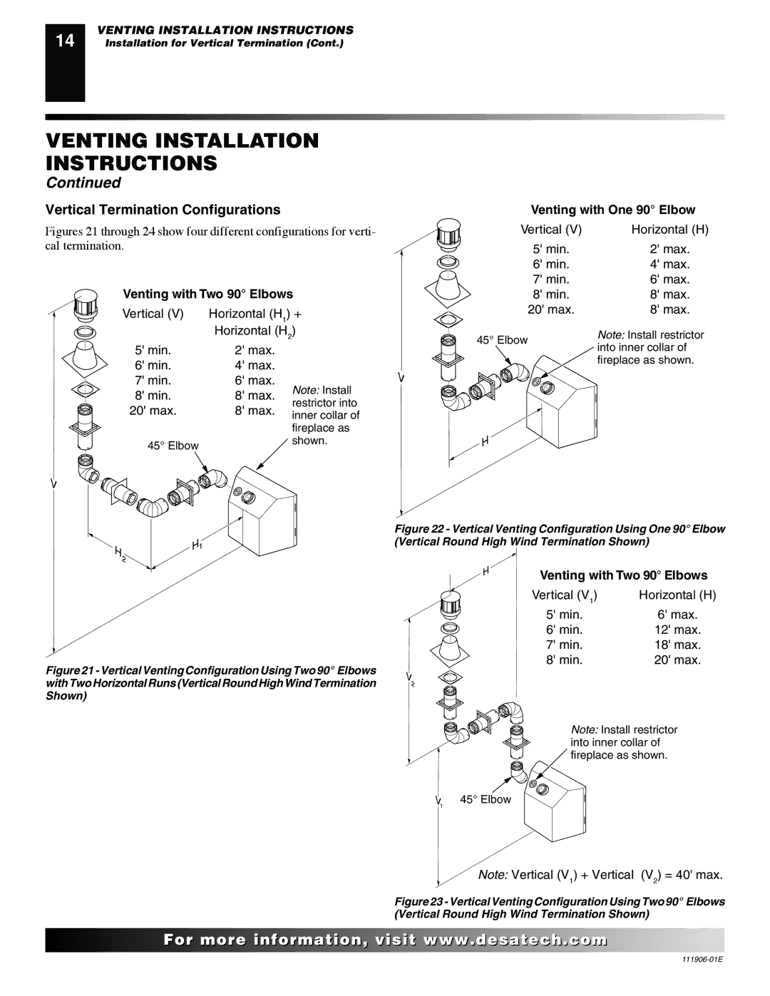 Desa VV42PB(1), CHDV42NR-B, V42P-A, V42N-A, VV42NB(1) Vertical Termination Configurations, Venting with One 90 Elbow 