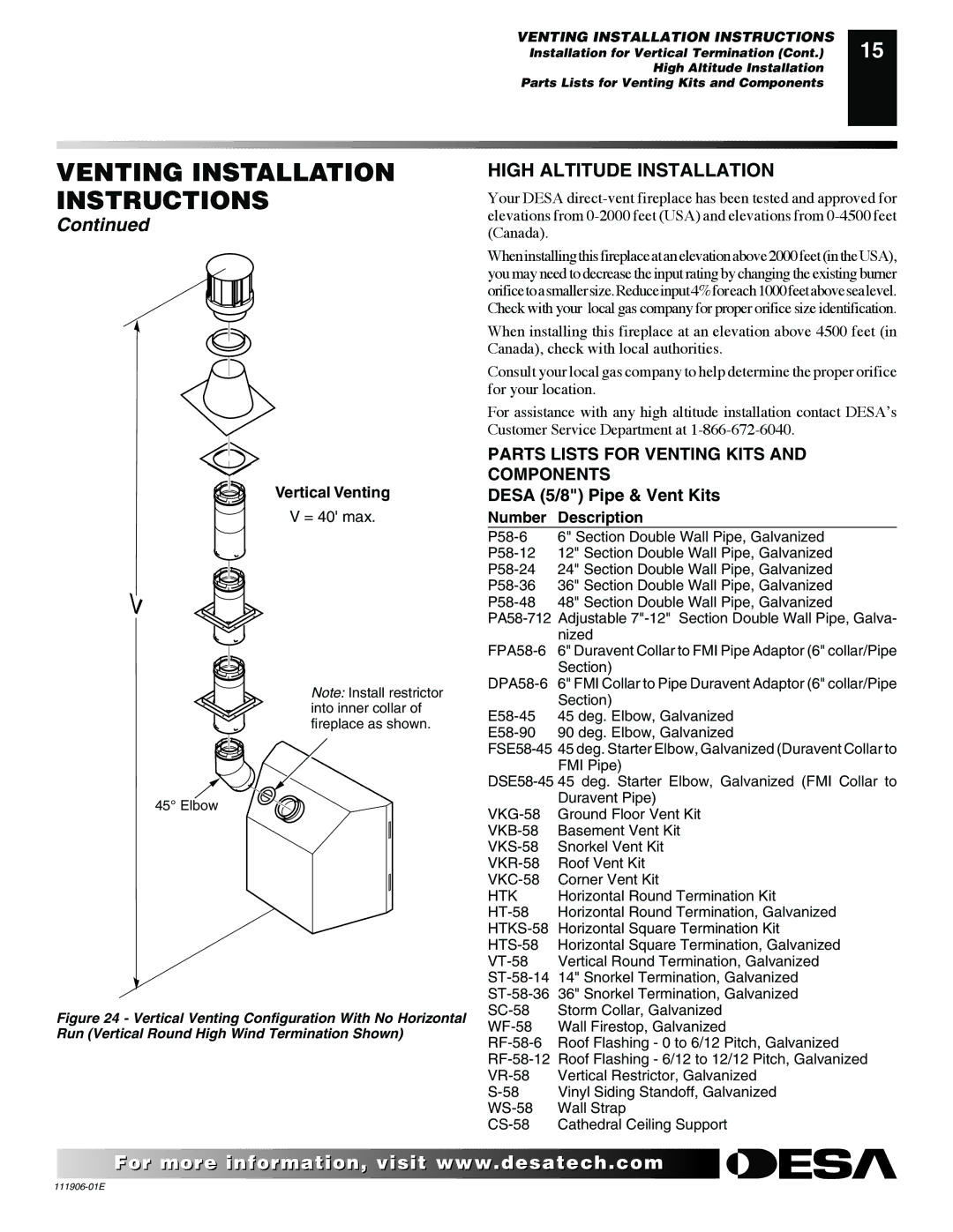 Desa CHDV42NR-B, V42P-A, V42N-A High Altitude Installation, Desa 5/8 Pipe & Vent Kits, Vertical Venting, Number Description 