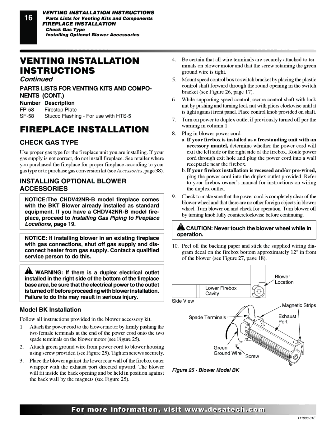 Desa V42P-A, V42N-A Fireplace Installation, Check GAS Type, Installing Optional Blower Accessories, Model BK Installation 