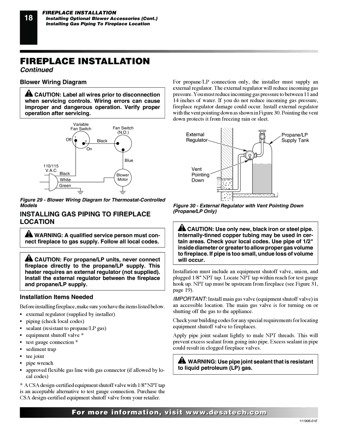 Desa VV42NB(1), CHDV42NR-B Installing GAS Piping to Fireplace Location, Blower Wiring Diagram, Installation Items Needed 