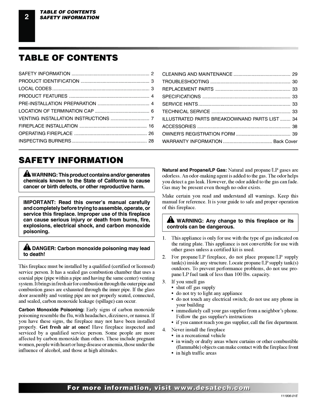 Desa V42N-A, CHDV42NR-B, V42P-A, VV42NB(1), VV42PB(1) installation manual Table of Contents, Safety Information 