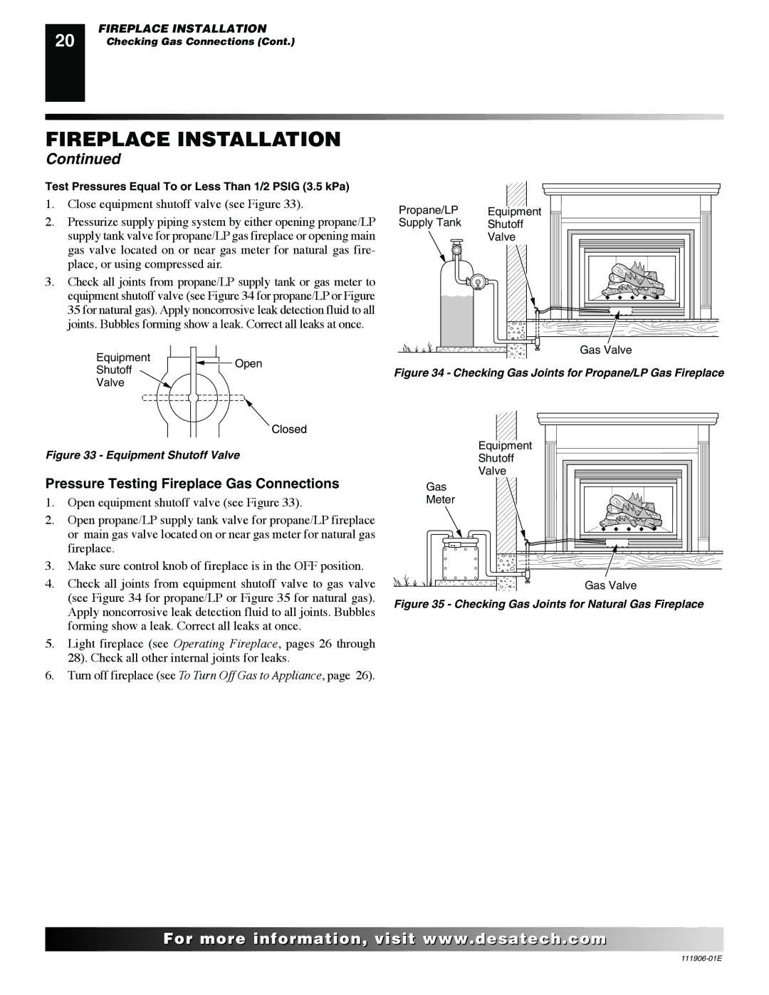 Desa CHDV42NR-B, V42P-A Pressure Testing Fireplace Gas Connections, Checking Gas Joints for Propane/LP Gas Fireplace 