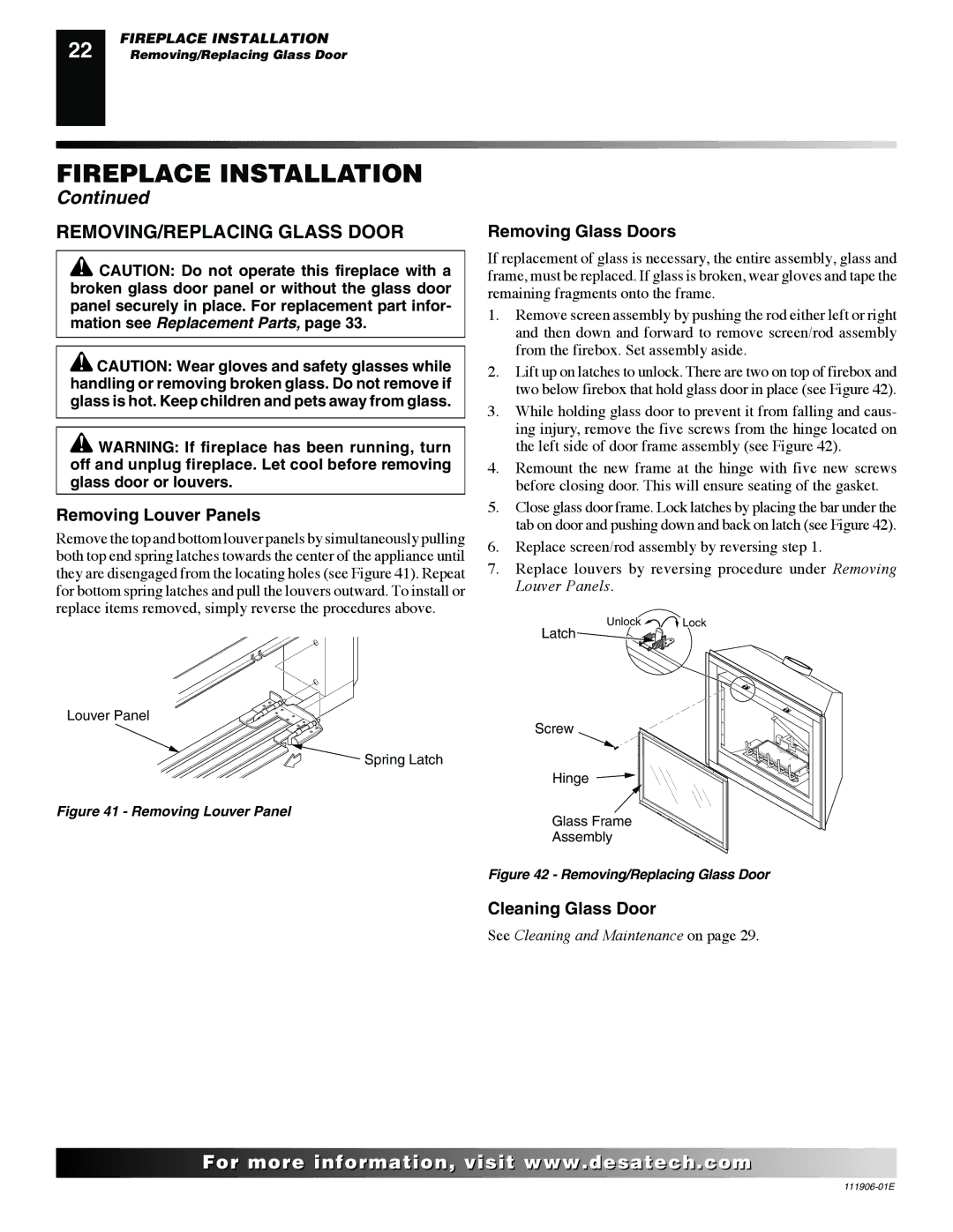 Desa V42N-A, CHDV42NR-B REMOVING/REPLACING Glass Door, Removing Louver Panels, Removing Glass Doors, Cleaning Glass Door 