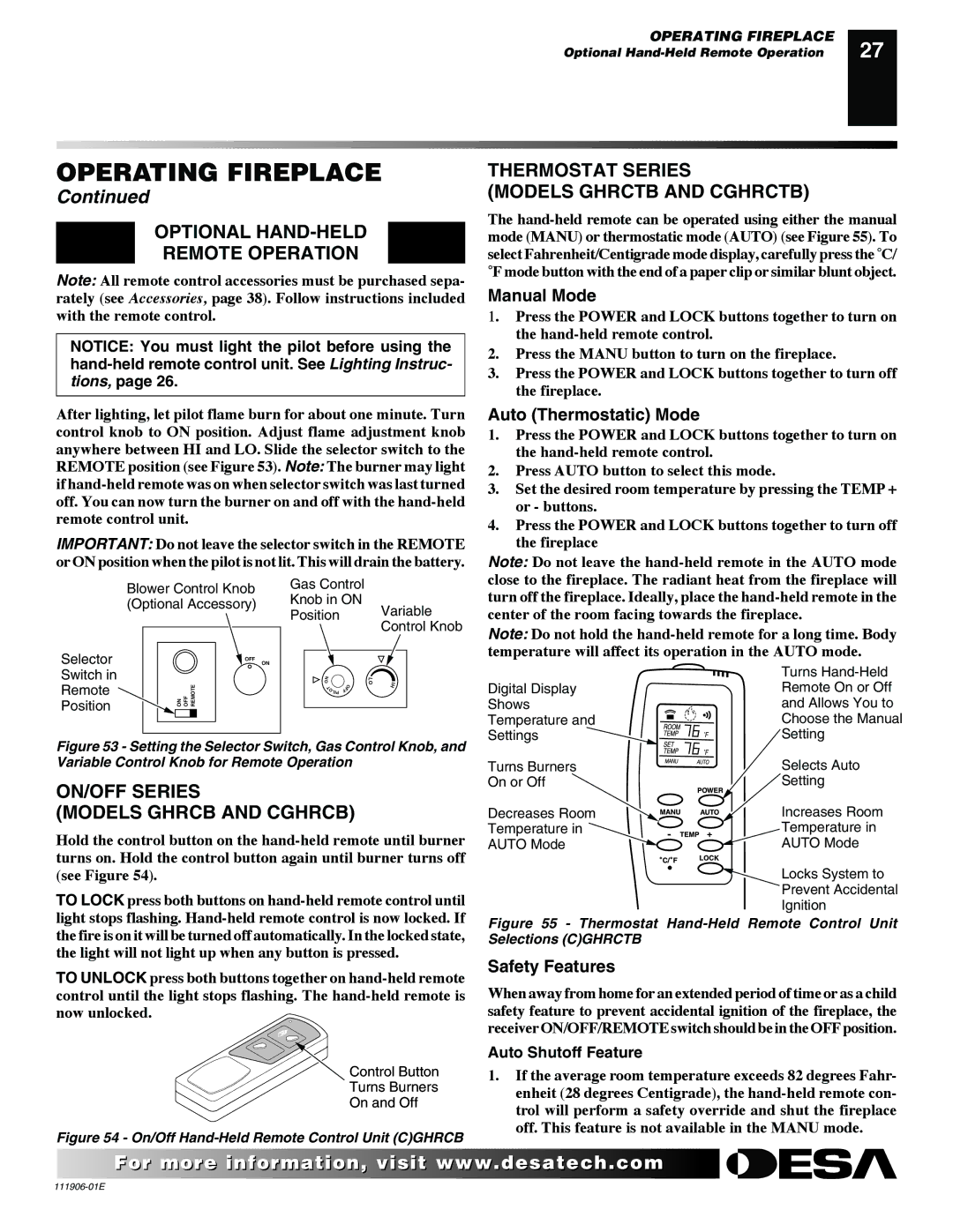 Desa V42N-A, CHDV42NR-B, V42P-A, VV42NB(1) Optional HAND-HELD Remote Operation, Thermostat Series Models Ghrctb and Cghrctb 