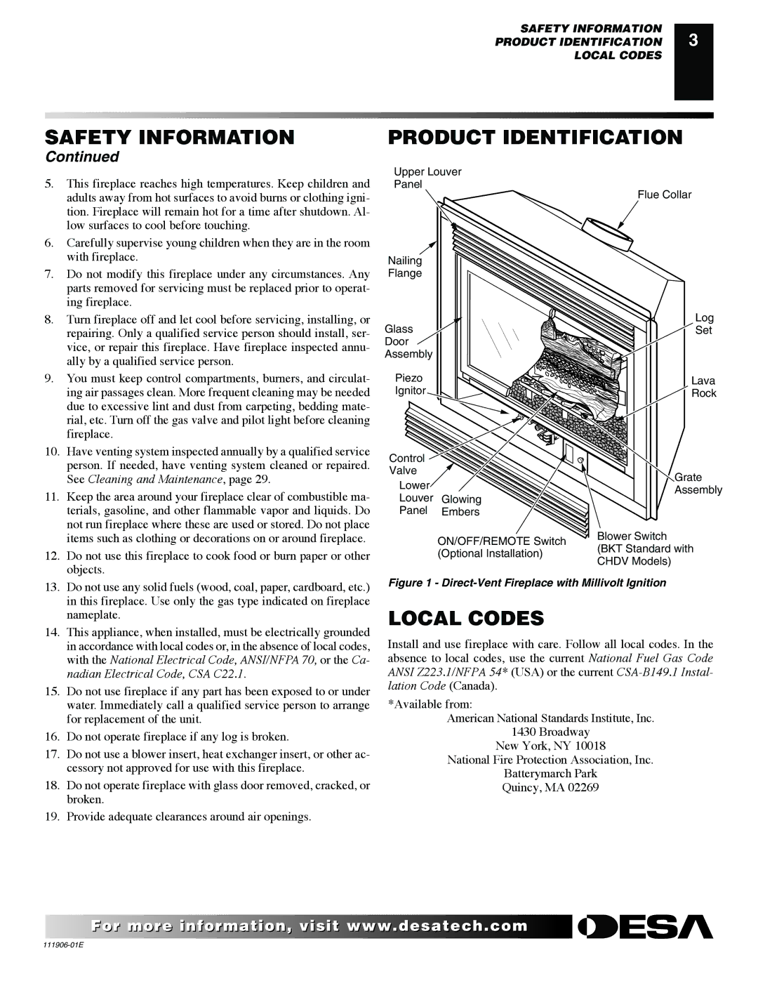 Desa VV42NB(1), CHDV42NR-B, V42P-A, V42N-A, VV42PB(1) Safety Information Product Identification, Local Codes 